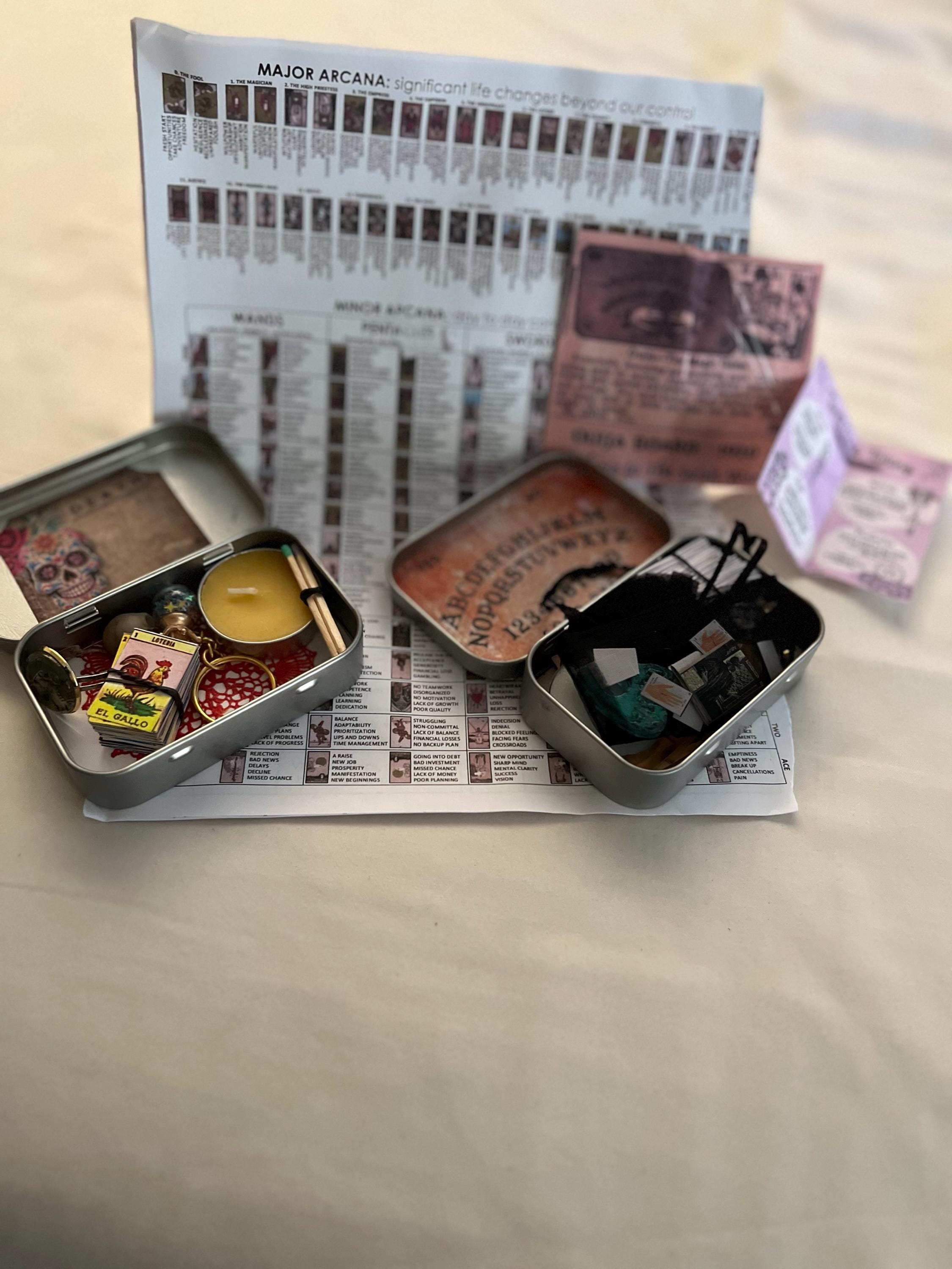 mini tarot tin, mini tarot kit, on the go mini tarot tin, palmistry ouija board psychic spell kit, mini tarot card deck, mini ouija board,