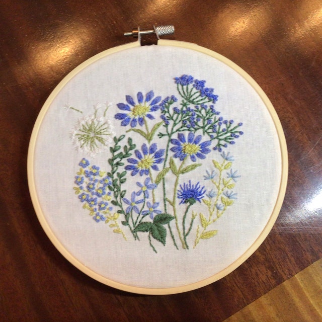 Blue Floral Hand Embroidery Kit: Beginner DIY Craft, Wall Decor