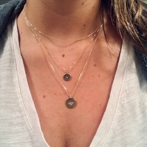 Set of 3 Layering Necklaces - Hammered Disc, Modern Engraved Bar and Long Y Textured Lariat Necklace Front / Sterling Silver / 16/18/21