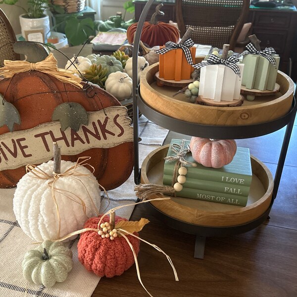 Fall Wood Block Pumpkins W/check Bow on Mini Wood Slice Risers (set of ...