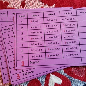 12 Player (1 Stationary) - 3 Table Progressive Bridge / Whist / Game Tallys,  Player Rotation -    Print it yourself. Downloadable