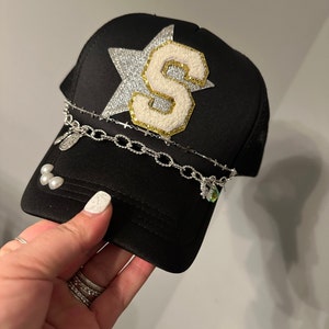 Women's custom bling trucker hat with hat chains- initial hat, smiley face hat, heart hat, pearl hat