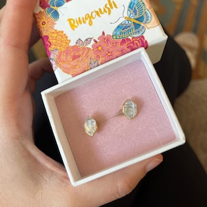 Customer photo from Ashley, Large Raw Herkimer Diamond Stud Earrings in Yellow Gold