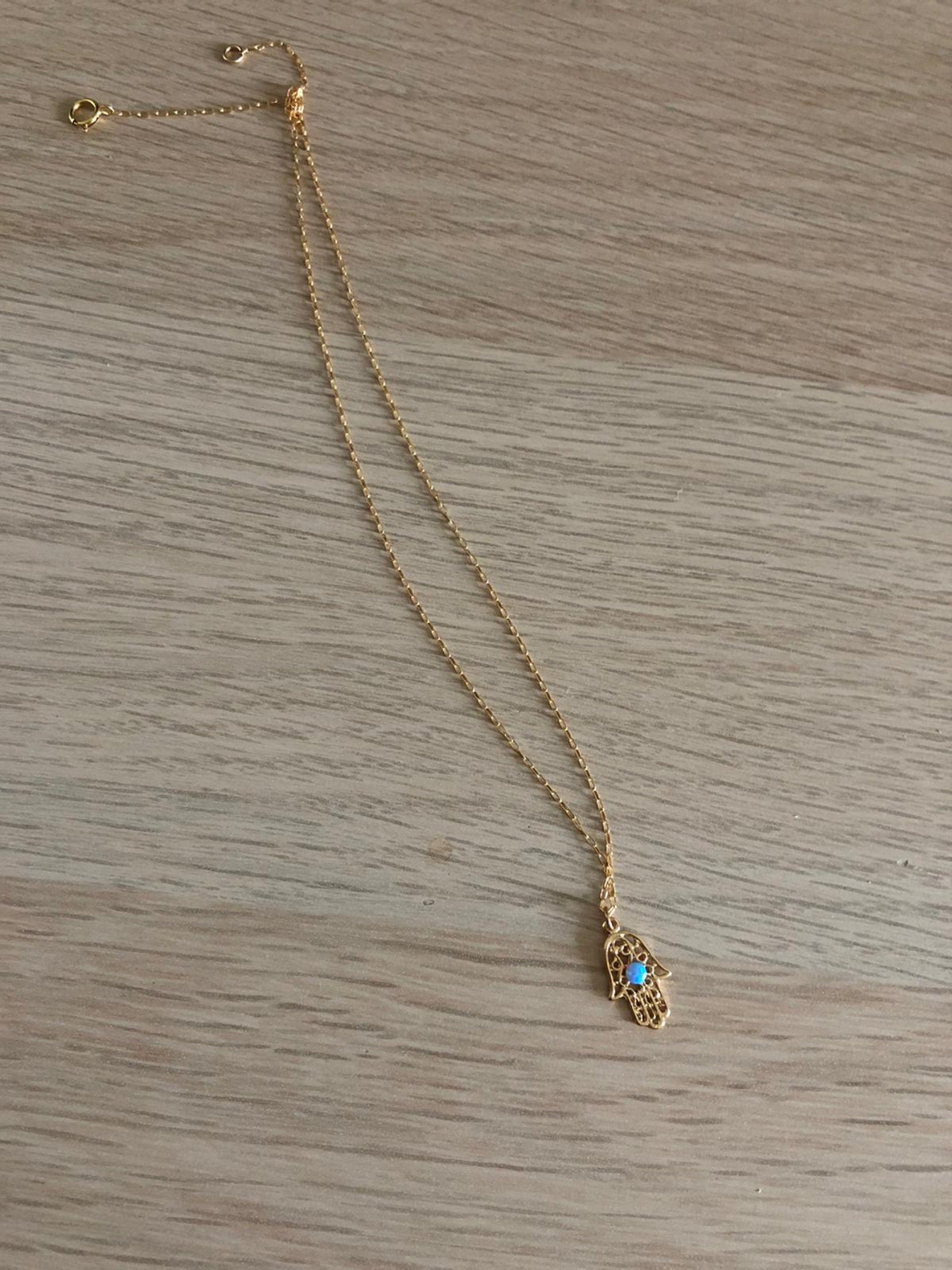 Opal hamsa necklace, gold Hamsa necklace, gold hand necklace, Delicate gold necklace, gold hand blue opal necklace, synthetic opal