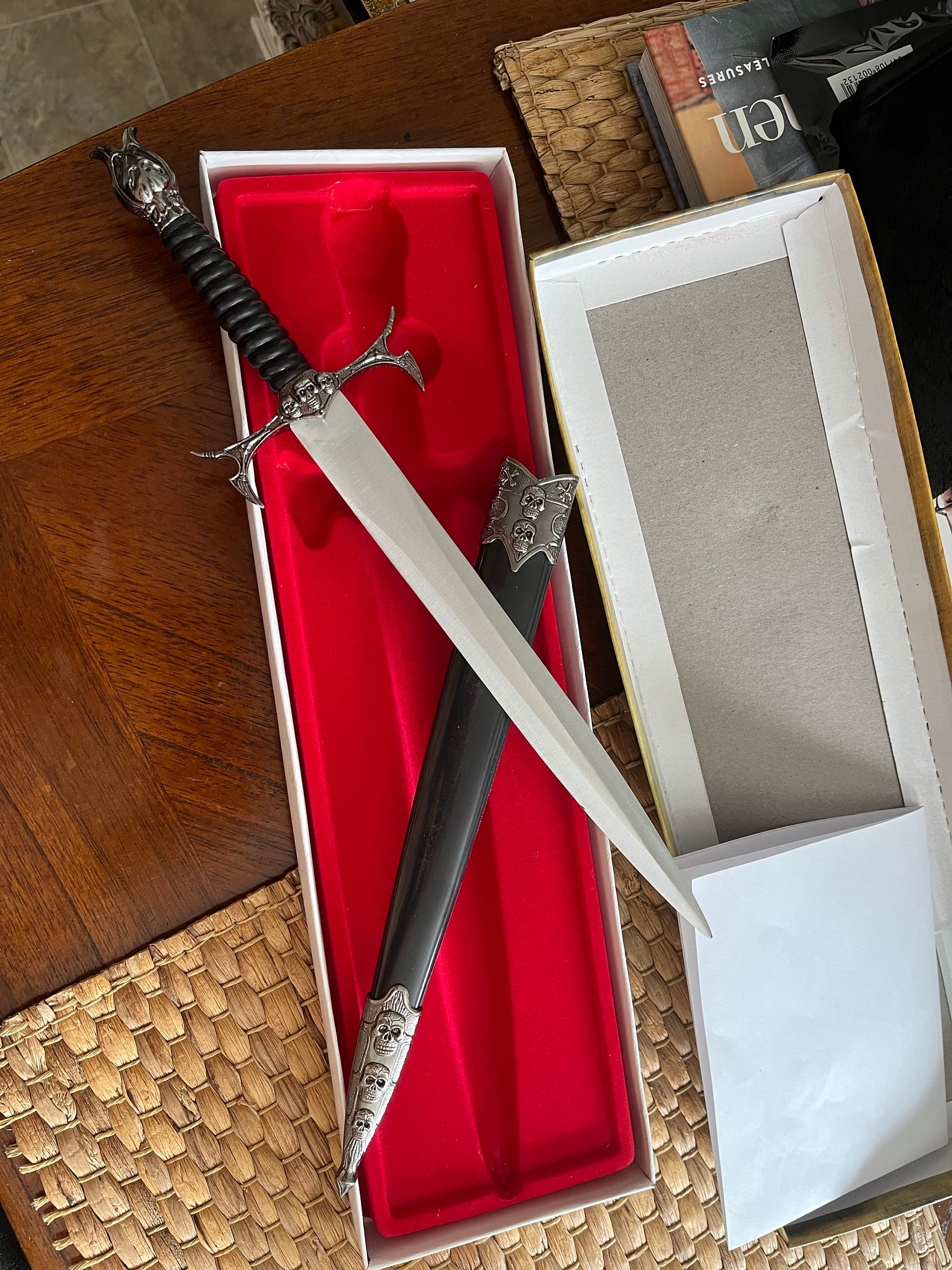 Black altar athame, adorned with skulls, matching sheath, ritual dagger with antique silver finish, 12-1/2" #20368