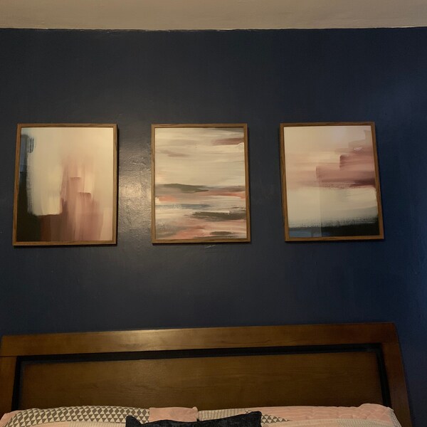 Set of 3 Abstract Art Prints, Navy Blue & Blush Pink Wall Art, Modern ...