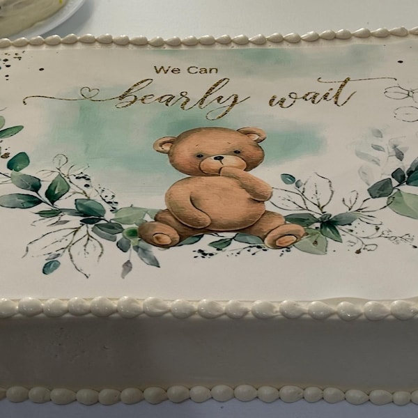 We Can Bearly Wait Cute Baby Bear Edible Image Gender Beige Green ...