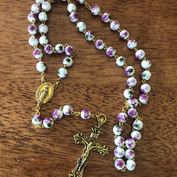 Handmade White With Pink Flower Patterned Rosary Etsy