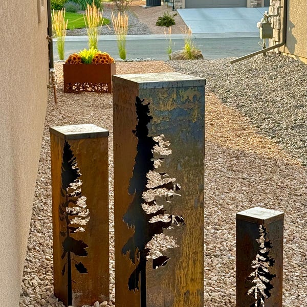 Column Design Tree Decor Pine Tree Garden Columns - Garden Decor - Metal Garden Sculpture - Well ...