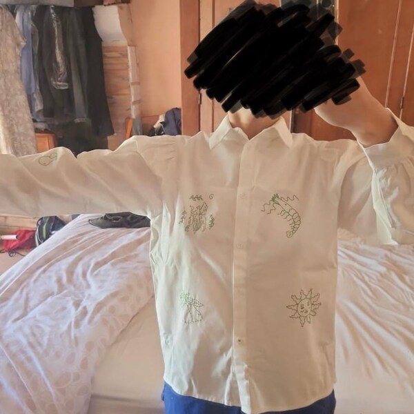 Off the hook Oversized Shirt | Black Linen Hand-Embroidered Fish Top (40+ Artisan Hours)