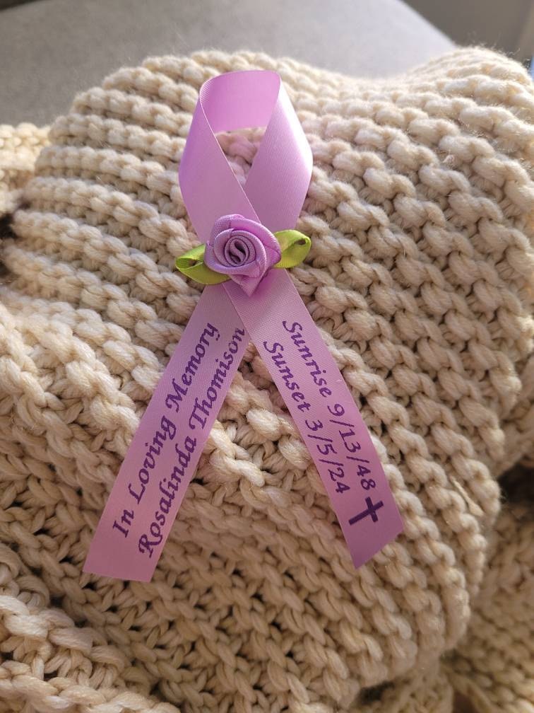 Personalized Memorial Ribbons with Pins for Funeral or Celebration of Life Assembled Fundraiser Awareness Ribbon - Rose Center Decoration
