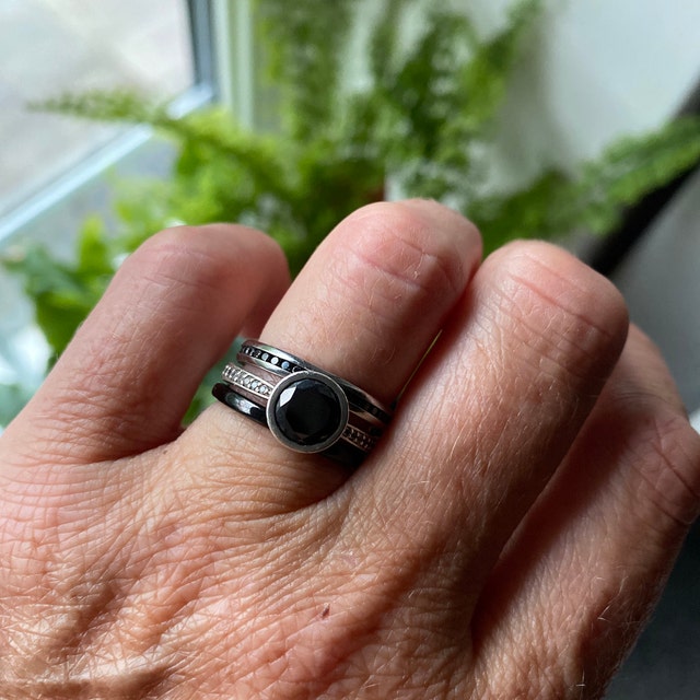 Black Onyx Wide Half Eternity Ring in White Gold or Silver