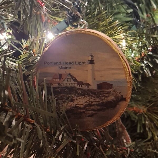 Handmade Wooden Ornament With Portland Head Light Photograph Portland