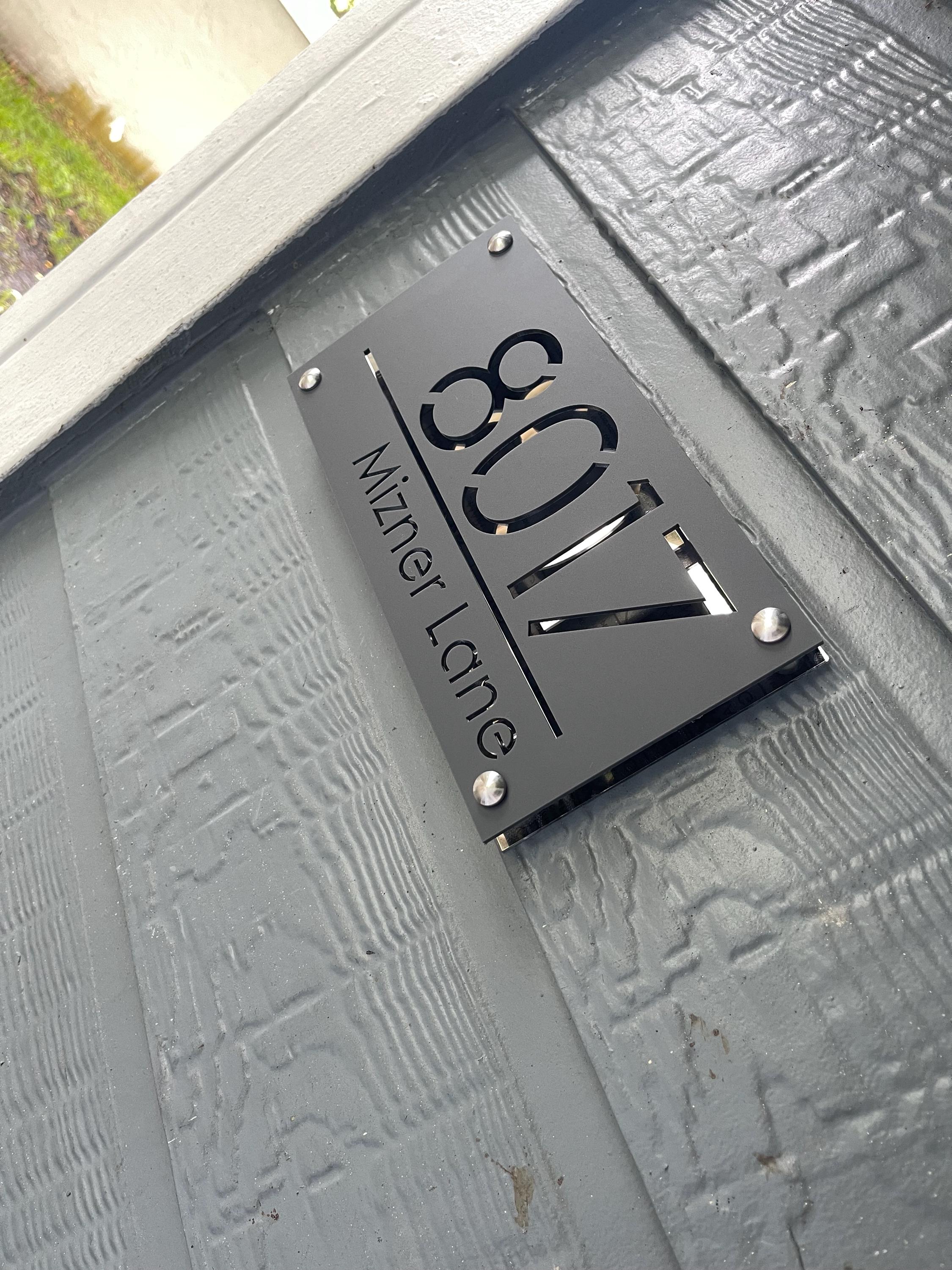 House Wall Plaques UK | Luxe A4 | Precision Laser Cut Acrylic House Number Sign | Matt Gray Anthracite & Silver Mirror | 280mm x 140mm