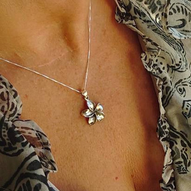 Hawaiian Flower Pendant, Big Flower Necklace, Silver Plumeria