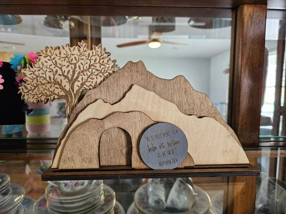 Empty Tomb &quot;He is Risen&quot; Decoration with Cross and Olive Tree, Religious, Christian, Easter Display, Easter Tomb, Laser Cut