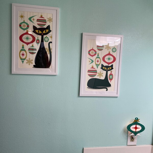 Mid Century Modern Cat Christmas Ornament Art Print, Secret Santa Gift ...