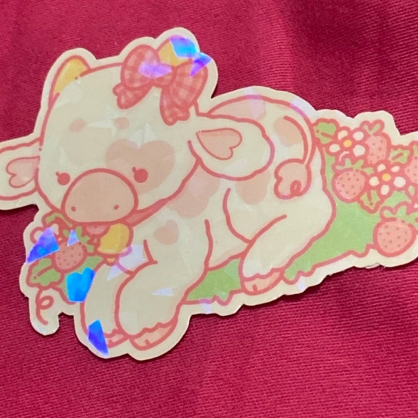 Strawberry Cow - Holographic Vinyl Sticker - Etsy