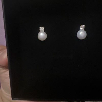 Sterling Silver Pearl Stud Earrings, Dainty CZ Diamond Earrings ...