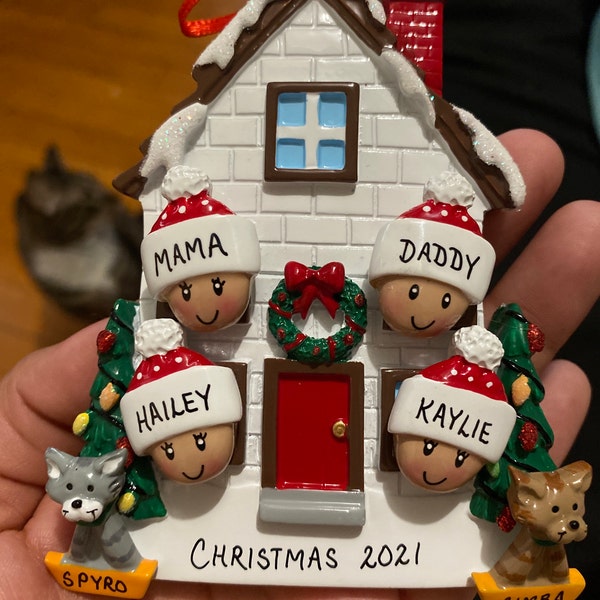 Personalized Family of 4 Home Ornament With 2 Dogs or Cats Added -4 ...