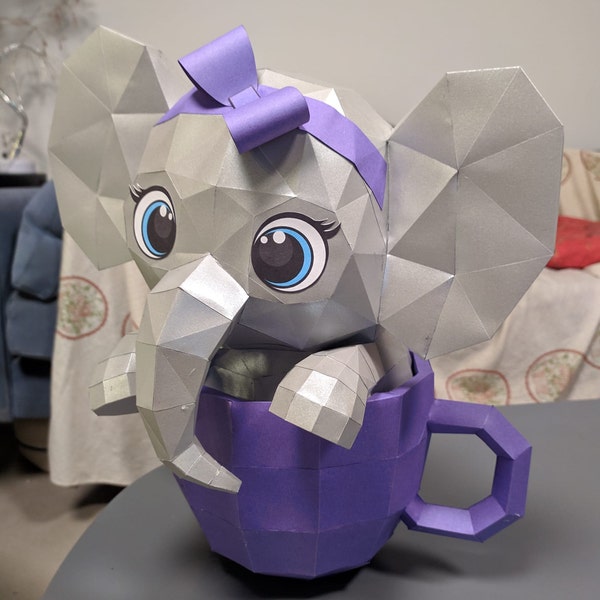 Cute Elephant in Cup 3d Paper Craft SVG and PDF, Low Poly Paper Craft ...