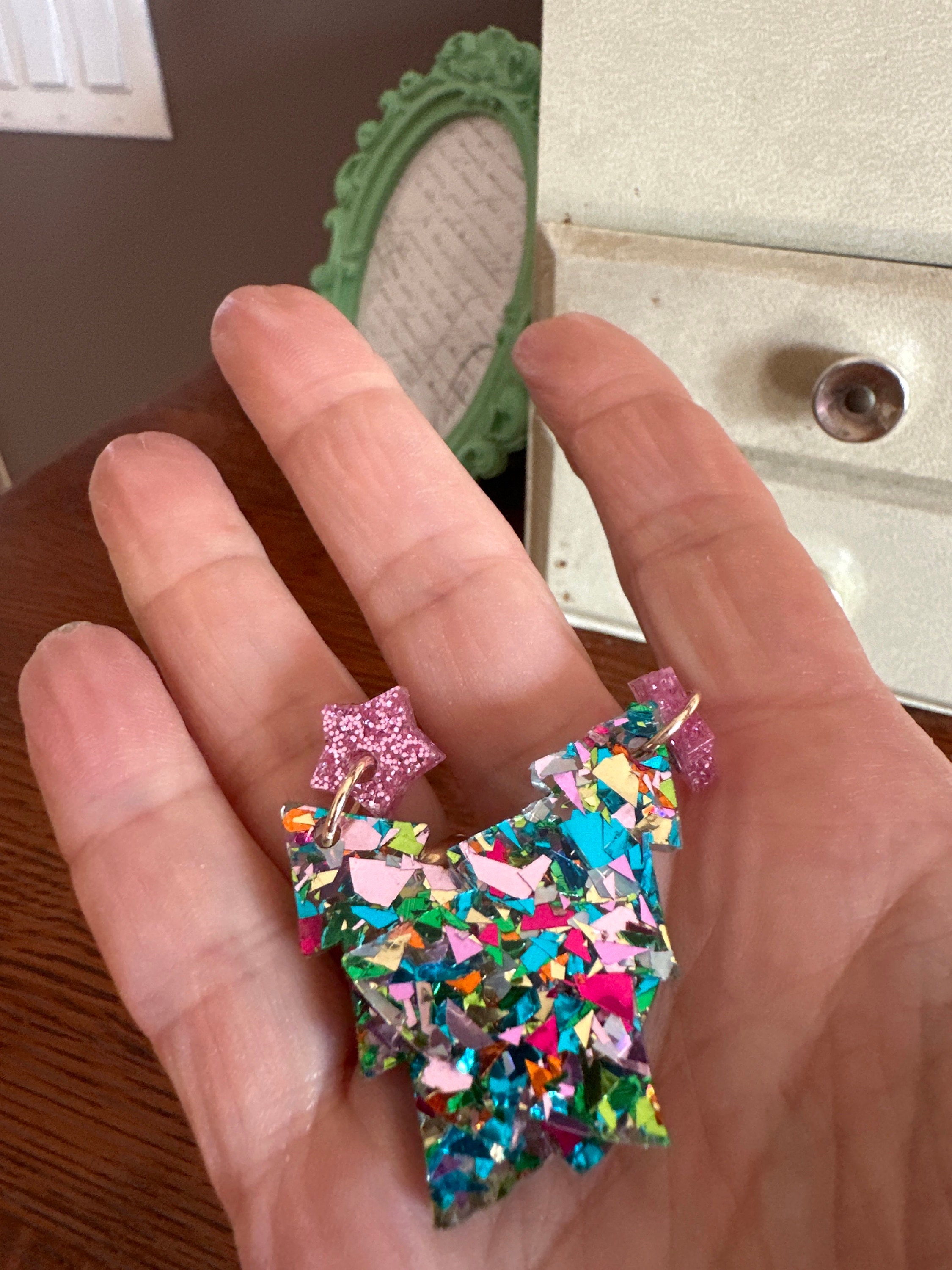 Pastel Holiday Confetti Christmas Tree Earrings, Glittery Tree Earring, Holiday Tree Earrings, Fun Christmas Earrings, Xmas Glitter Earrings