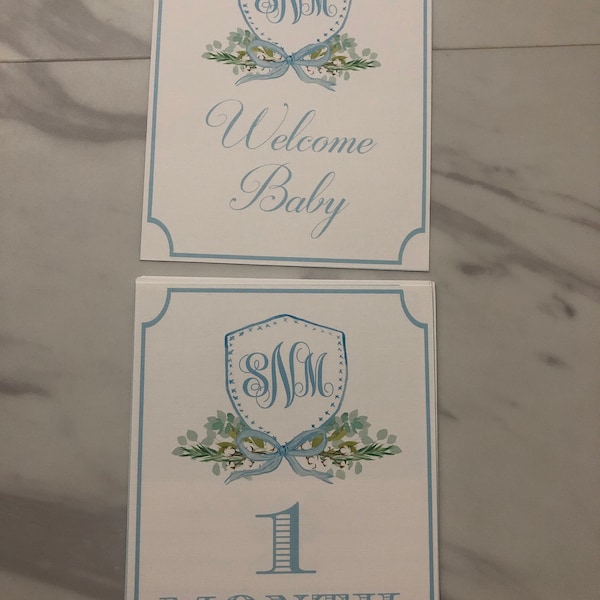 Boy's Watercolor Monogram Crest Milestone Set | Monthly Cards | Baby ...