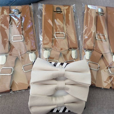 champagne colored bow tie and suspenders