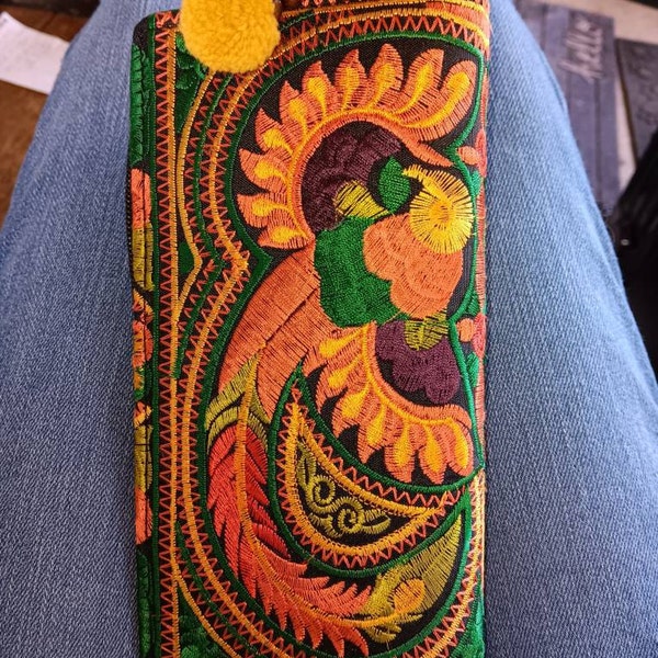 Hmong Embroidered Boho Wallet, Tribal Zip Purse With Pom Pom ...