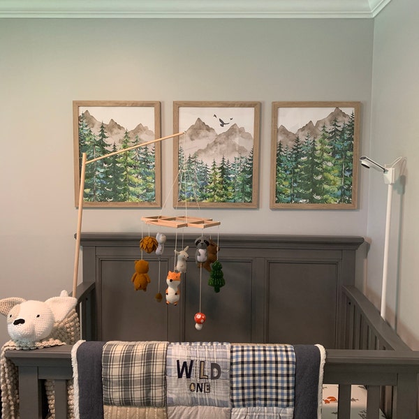 Set of 3 Woodland Nursery Prints, Mountains, Evergreen Trees, Boy Wall ...