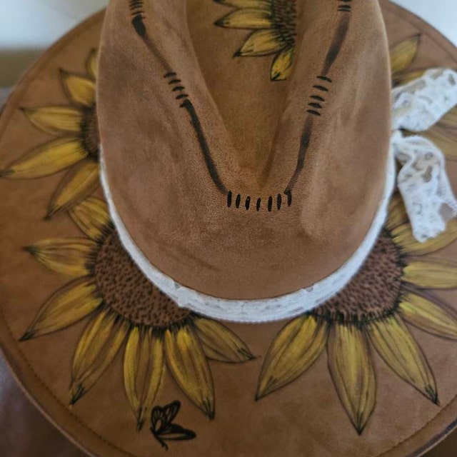 Sunflowers Hand Burned and Painted on a Dark Beige Suede  display picture 1