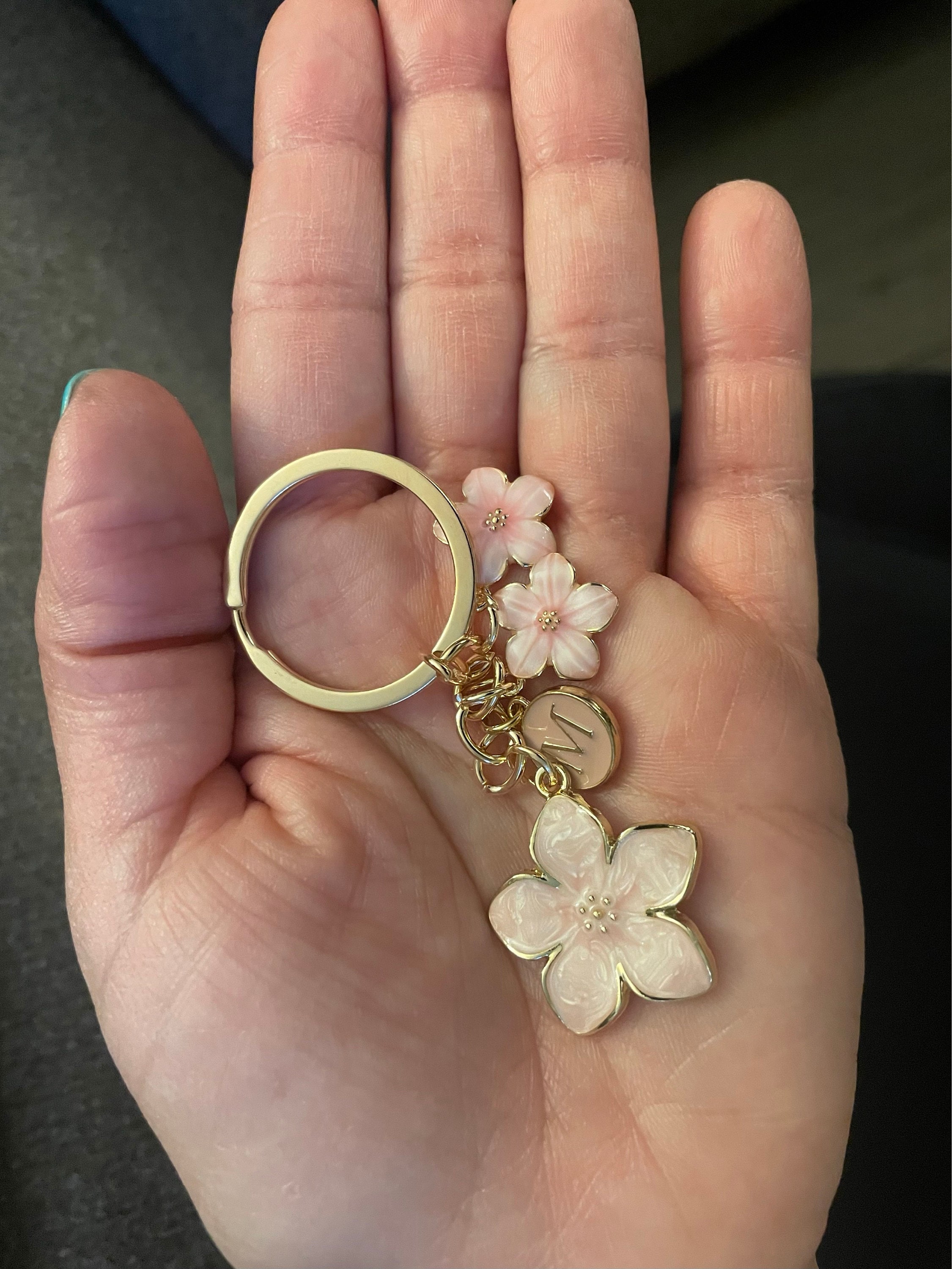 Cherry Blossom Pink/White Flower Charms Keychain with Custom Name Initial