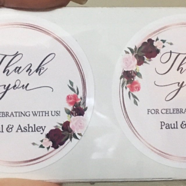 Burgundy Thank You Labels, Wedding Favor Stickers, Stickers for Bridal Shower, Thank You Wedding Label,  Round Stickers, Personalized Labels