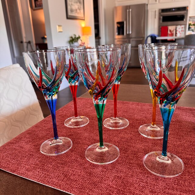 Set of Six 6 Murano Wine Glass Hand Painted Multi Red Green Blue