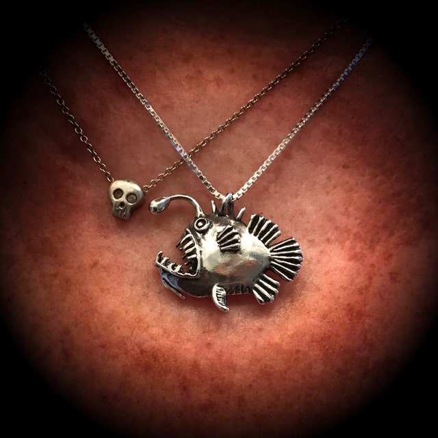 Engraved Anglerfish Necklace, Fish Jewelry
