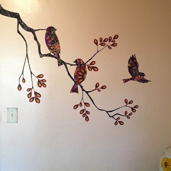 Tree Branch Decal and Bird Wall Decals in Colorful Mosaic Pattern - Etsy
