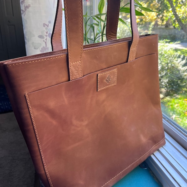 Cognac Leather Bag, Leather Tote Bag, Genuine Leather Tote, Shoulder ...
