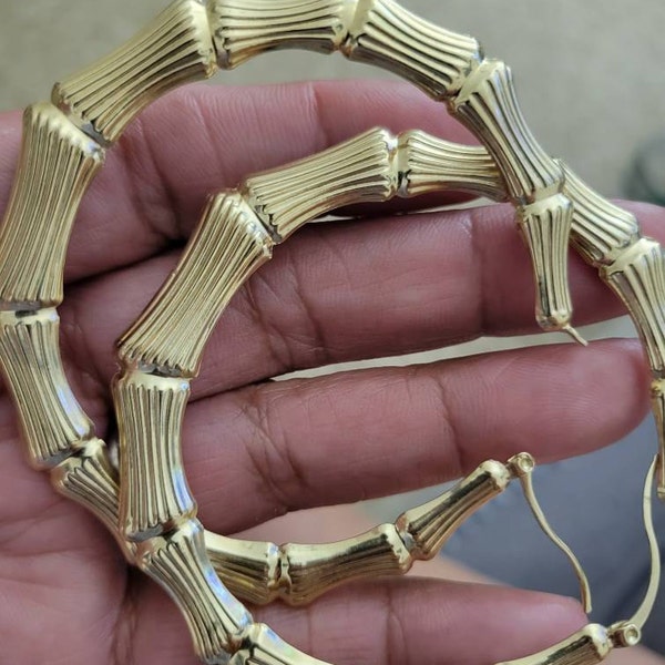 REAL 10K Yellow Gold 3 75mm Large Graduated Bamboo Hoop Earrings