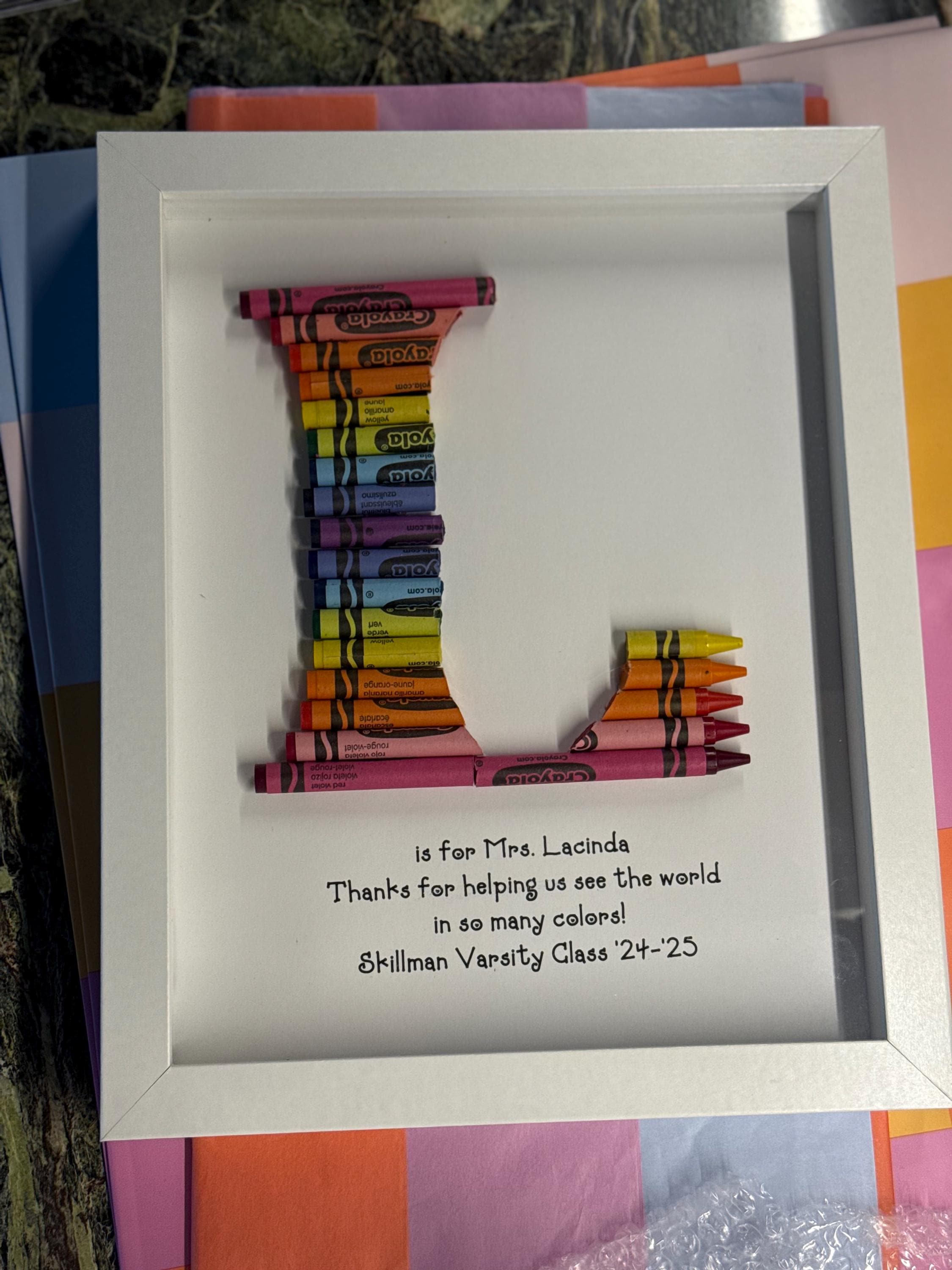 FAST SHIPPING!!! Framed 8 by 10 - Double Rainbow Crayon Letter - Personalized Teacher Gift