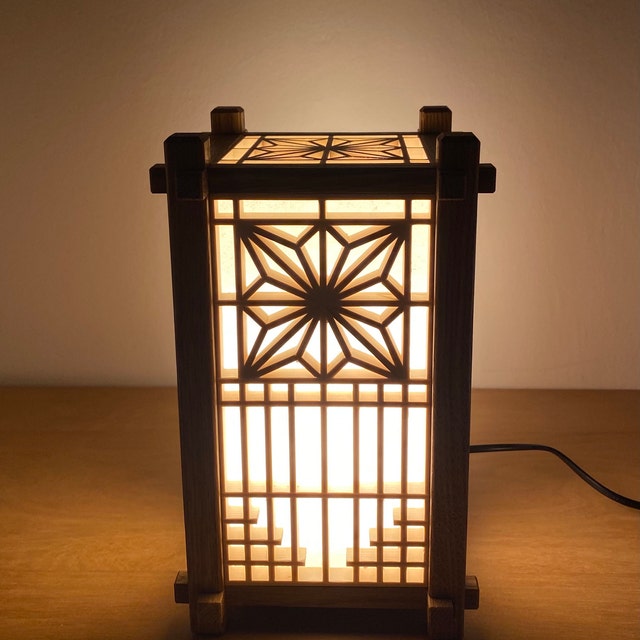 Japanese wooden lamp. lamp shade with painting. by GermanWoodCo