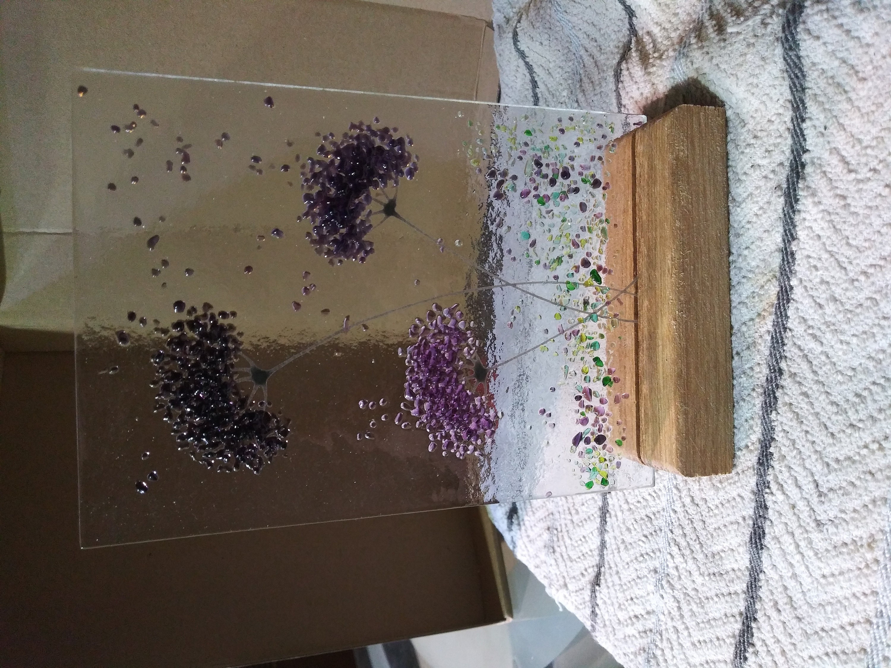 Purple mix whimsical Flower fused glass Art Picture or with Wooden Display Stand