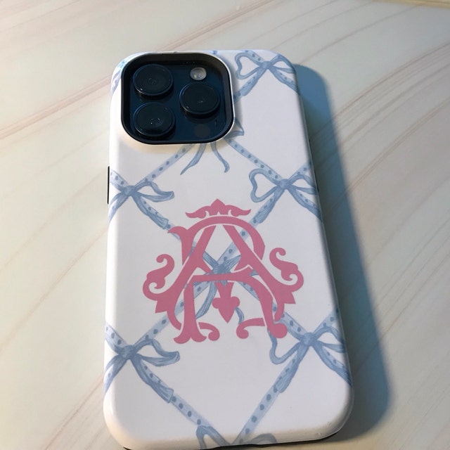 Blue and White Ribbon Bow Monogram Phone Case, Chinoiserie