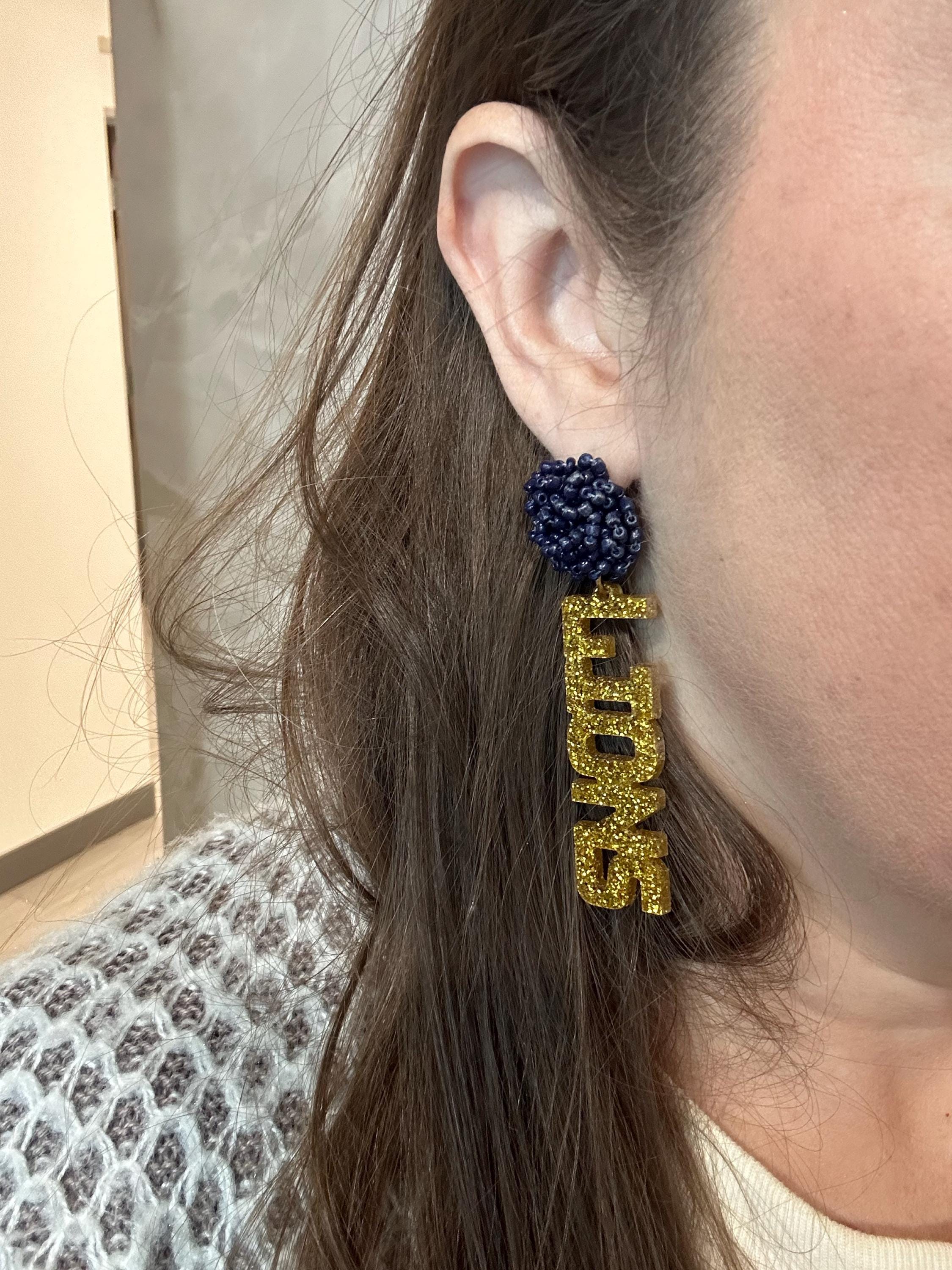 Personalized Custom Game Day Earrings 3/4 inch bead topper-High School-College-Football-Team Name-Spirit Wear Gear-Birthday Gift