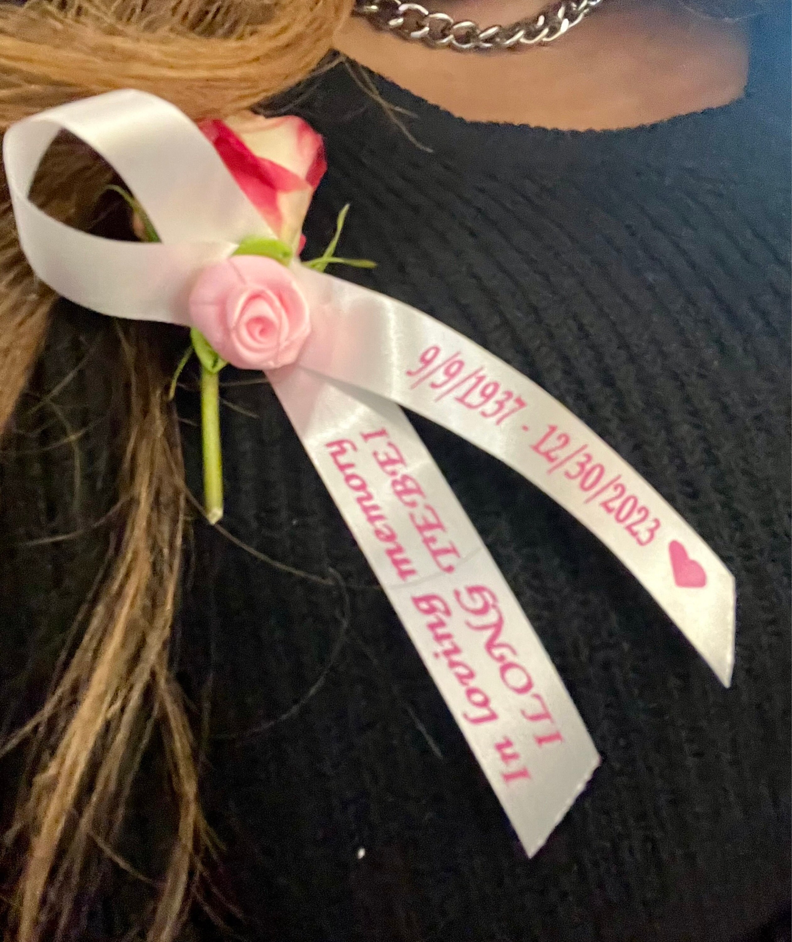 Personalized Memorial Ribbons with Pins for Funeral or Celebration of Life Assembled Fundraiser Awareness Ribbon - Rose Center Decoration