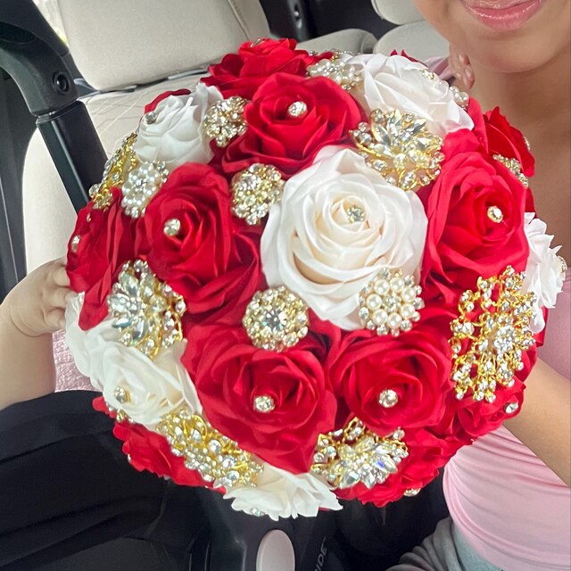 Red and Champagne Quince Bouquet Red Bouquet Gold 