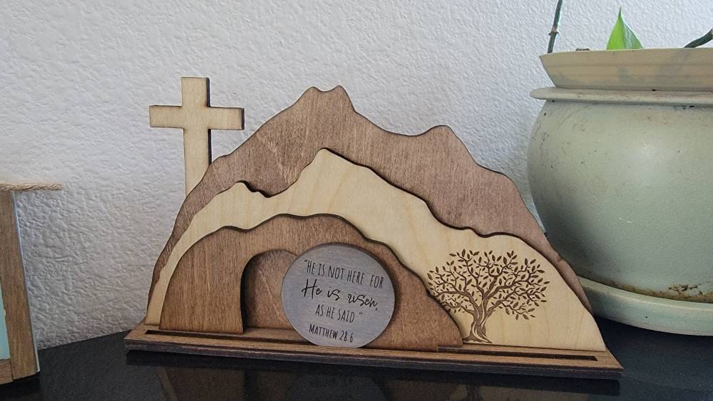 Empty Tomb &quot;He is Risen&quot; Decoration with Cross and Olive Tree, Religious, Christian, Easter Display, Easter Tomb, Laser Cut