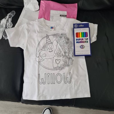 Personalised Unicorn Colouring T-shirt ANY NAME Washable Colour Me Fun ...