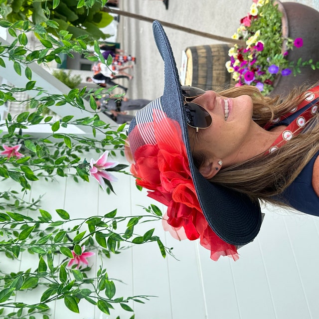 Black & White Striped Wide-Brim Hat with Red Floral Accent Black - Red Rose Derby Hat, Large Brim, Black - White Stripe  main image 3