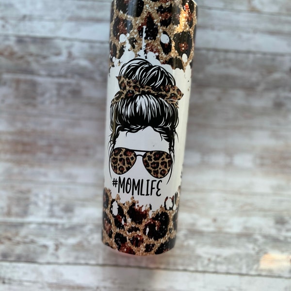 20 OZ Glitter Leopard Mom Life Messy Bun Skinny Tumbler Design ...