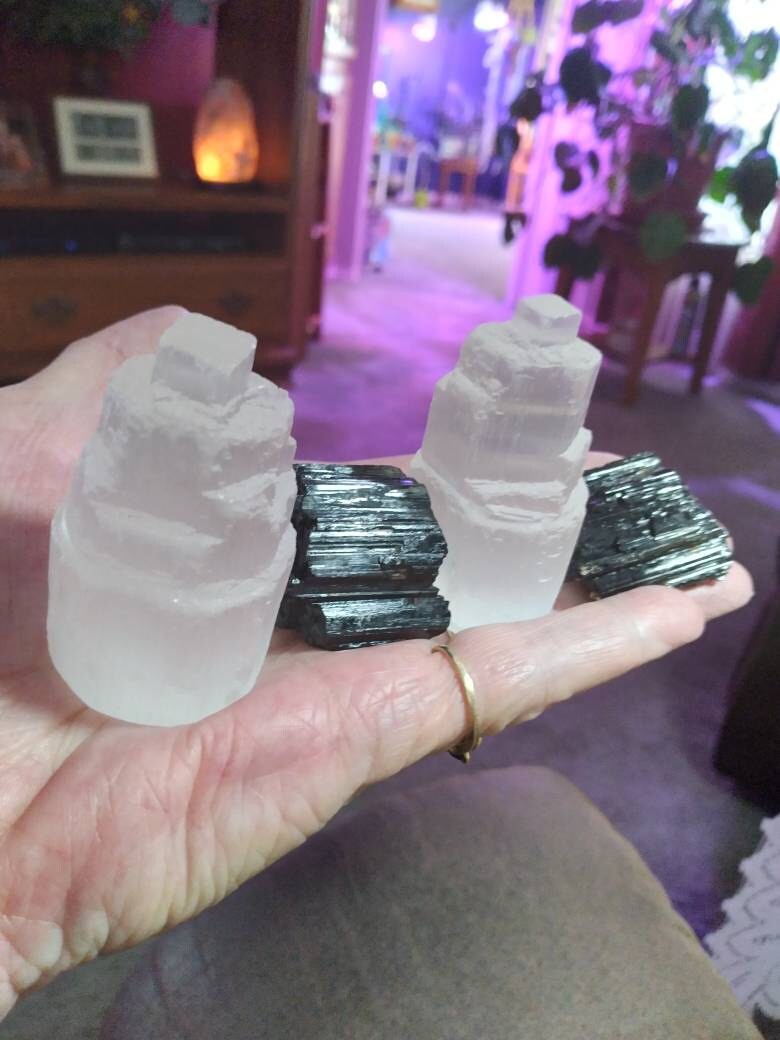 2 Selenite Towers & 2 Extra Grade Black Tourmaline Logs: Home Protection Kit